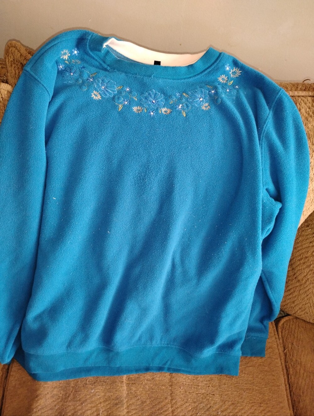 Women's Teal Blue Embroidered Crewneck Sweater